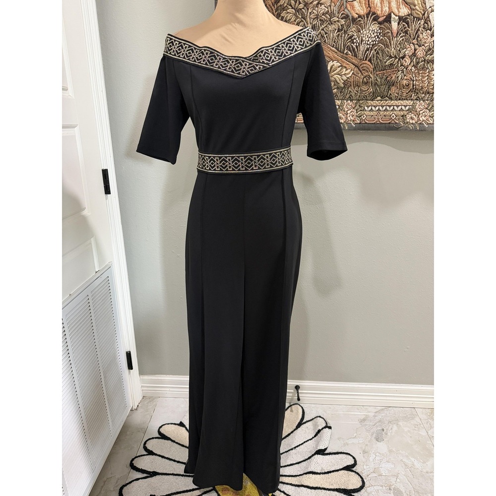 SheIn Jumpsuit Womens Large Black Off Shoulder Half Sleeve Embroidered Wide Leg